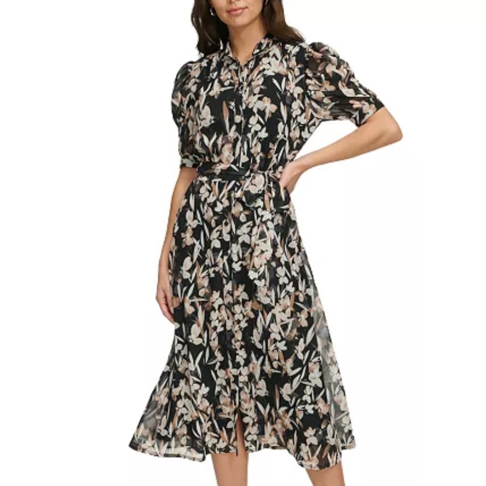 DKNY Black Floral Midi Button Up Dress NEW - Picture 1 of 8